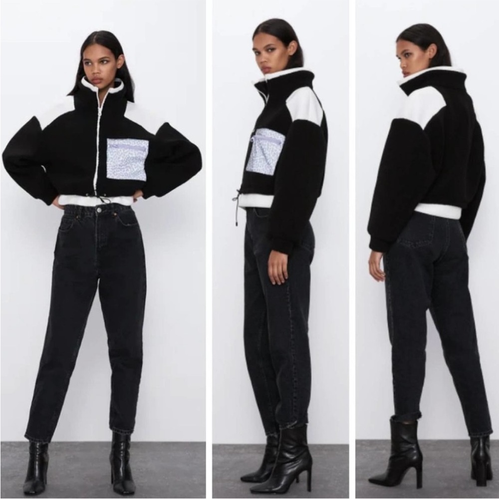 Zara Teddy Fleece & Neoprene Zip Front Jacket in Black & White Small